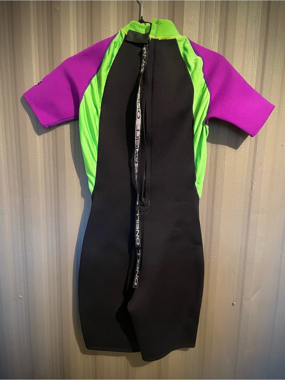 Vintage 90s O'Neill Wetsuit Shorty Springsuit Surf Neon Green Purple Women’s 6 - Picture 4 of 12